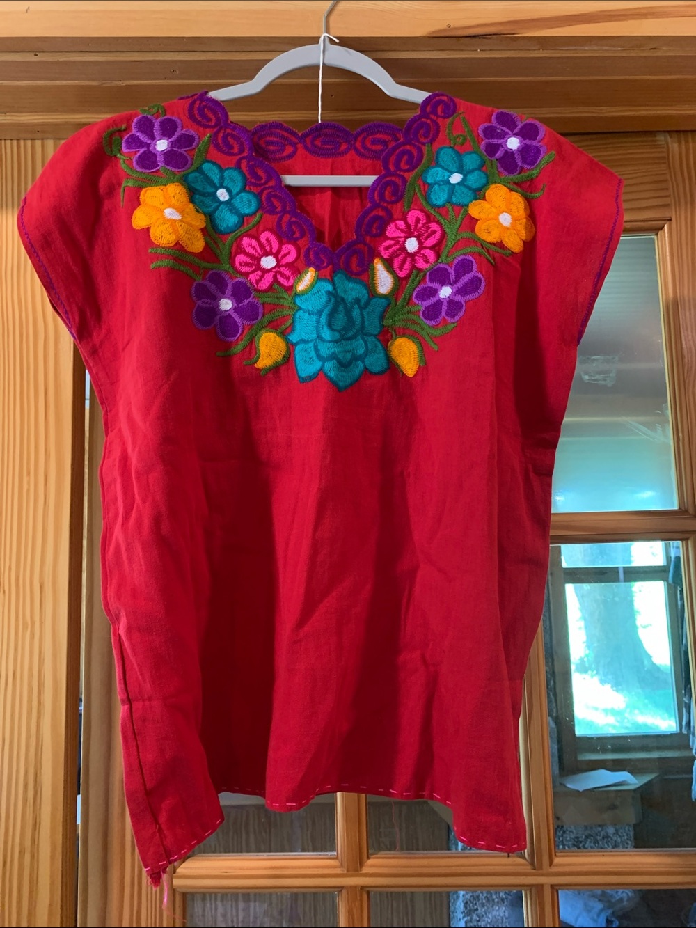 Womenβs Bright Floral Embroidered Patch V-neck Cap Sleeve Red Blouse Top